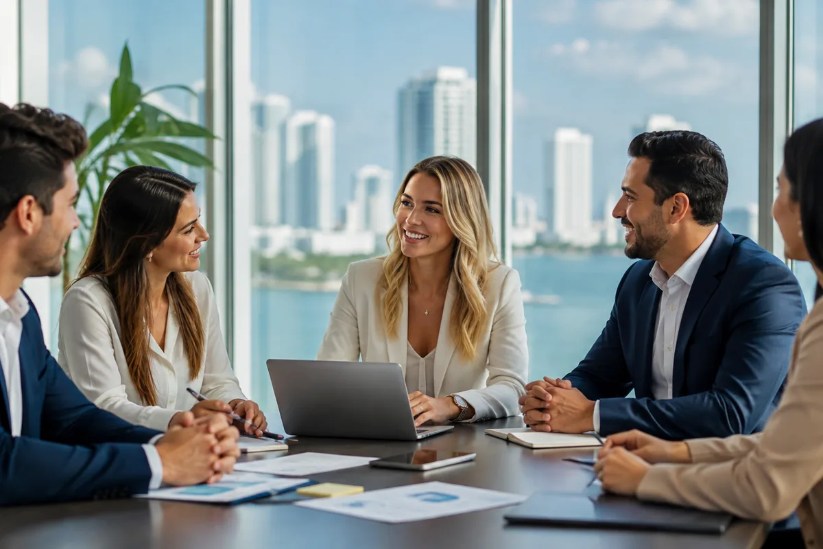 Reunião de profissionais em escritório com vista para a baía de Miami, representando consultoria empresarial para brasileiros nos Estados Unidos